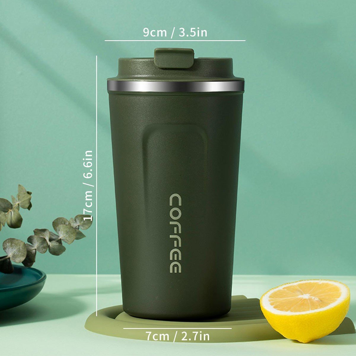 Insulated stainless steel travel mug with spill-resistant lid, navy blue